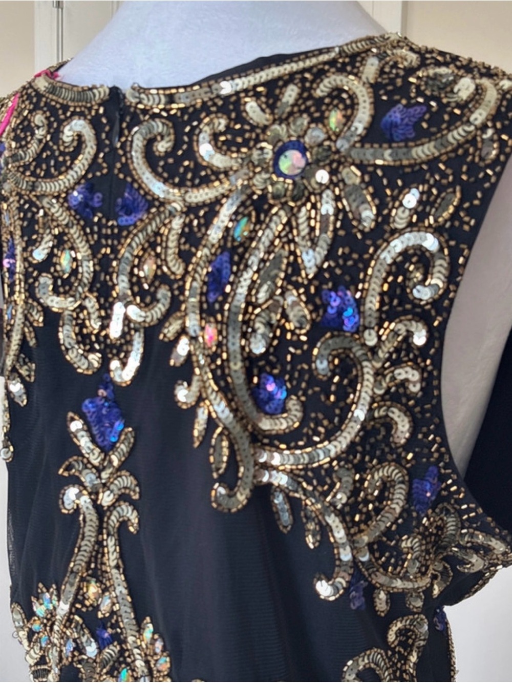 Midnight Velvet Black Evening Gown with Gold and Blue Embellishment - Picture 3 of 7